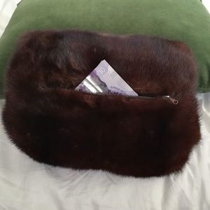 Vintage muff with stash pocket, rich dark brown, genuine fur